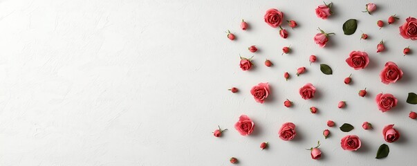 Flat lay mockup template with pink roses and blank paper