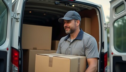 Hombre repartidor vestido de uniforme, cargando cajas de cartón en su furgoneta