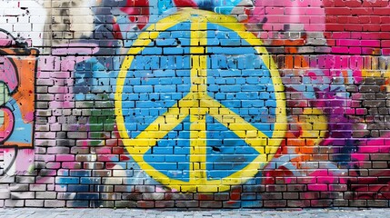 A peace sign painted in yellow and blue on a brick wall covered in graffiti.