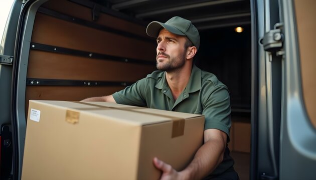 Hombre repartidor vestido de uniforme, cargando cajas de cart&oacute;n en su furgoneta