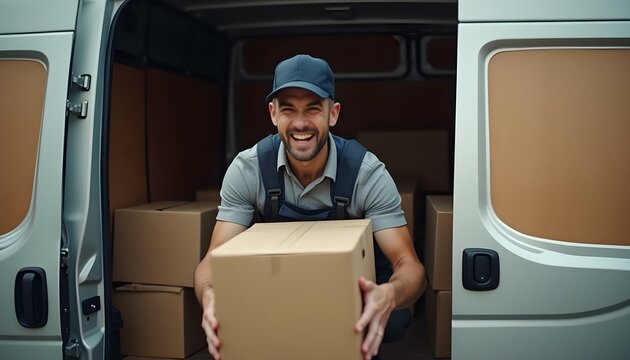 Hombre repartidor vestido de uniforme y contento, cargando cajas de cart&oacute;n en su furgoneta