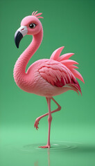 Obraz premium Adorable Cartoon Flamingo on Green Background