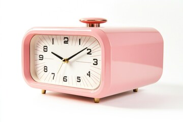 A pink alarm clock sits on a table with a simple design