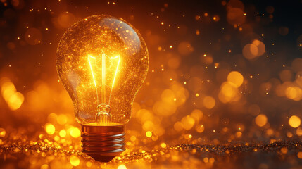glowing light bulb emits warm, golden glow against sparkling background, creating magical atmosphere. intricate details of bulb are highlighted, showcasing its design