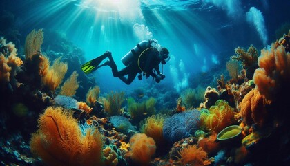 A diver explores a vibrant seabed with marine plants and crystal clear water