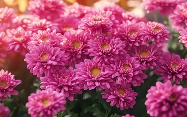 Stunning pink chrysanthemum flowers blooming in a lush green garden surrounded by soft green foliage with gentle sunlight creating a beautiful and peaceful floral composition