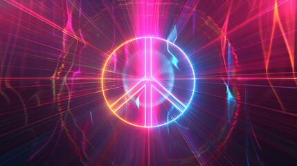 A neon peace sign with a blurred pink and blue background.