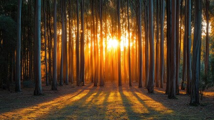 Obraz premium Golden Sunset Through Tall Forest Trees