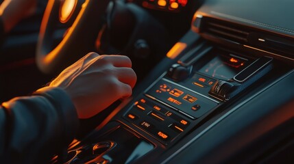transportation and vehicle concept - man using car control panel