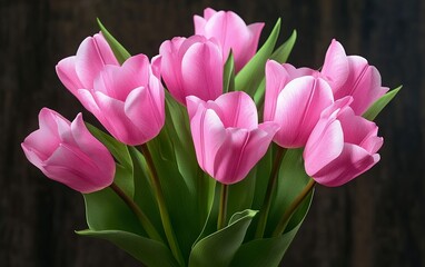 Fototapeta premium Luxurious pink tulips with lush green leaves in an elegant arrangement a beautiful floral display for home decor interior design and springtime inspiration
