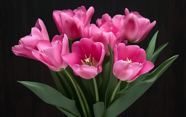 Vibrant pink tulips in full bloom on a black background a gorgeous floral display with elegant green leaves and natural beauty