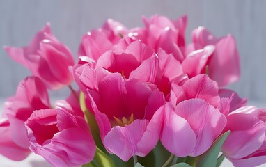 Fototapeta premium Closeup of a vibrant pink tulip bouquet with lush green leaves in full bloom fresh and elegant floral arrangement on a light background