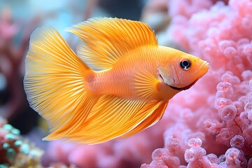 Vibrant Orange Fish Swimming Amidst Delicate Pink Coral Reef