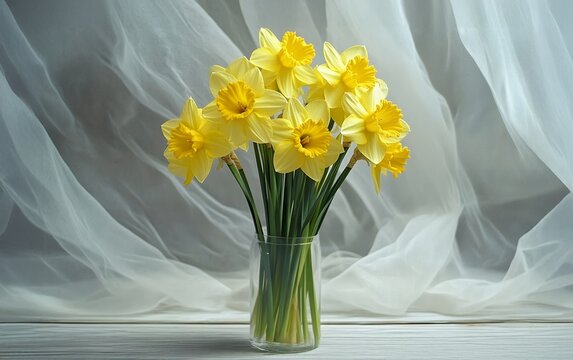 Yellow daffodils in a glass vase with green stems on a light wooden background elegant spring floral arrangement for home and office decor