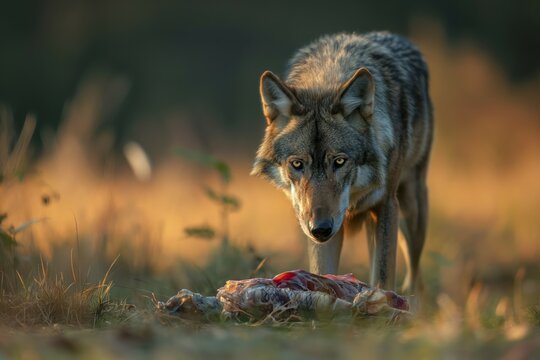 A gray wolf (Canis lupus) in twilight attentively fixes its prey in a meadow, AI generated, AI generated