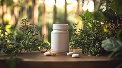 White label hair loss pill bottle placed in a herbal background, surrounded by plants, perfect for showcasing natural health product branding.