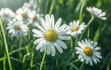 Fototapeta premium Close up of fresh white daisies in full bloom with a soft dreamy bokeh effect and a beautiful green background