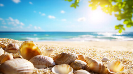 Stunning tropical beach with exotic shells, golden sand, and bright sun. serene atmosphere invites relaxation and enjoyment of nature beauty