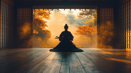 Samurai Meditating in Traditional Hall