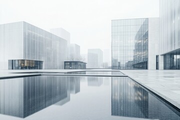 Modern Architecture in Foggy Urban Environment with Reflective Pool and Glass Buildings Showcasing Minimalist Design and Serenity in a Contemporary Setting