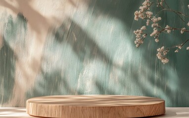 Wooden round platform with subtle natural texture and delicate white florals, set against a soft green painted background for a minimalist aesthetic