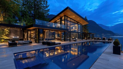 Obraz premium Ultramodern lakeside home with infinity pool future living concepts