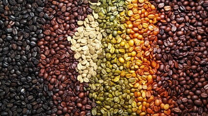 different varieties of coffee beans, from light to dark roast, arranged beautifully with a clear contrast in color and texture.