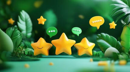 Five star rating system with vibrant yellow stars, green accents, and a speech bubble, symbolizing quality feedback and customer satisfaction.