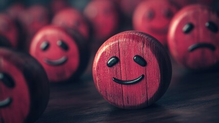 Dissatisfied consumers depicted by red wooden sad face emoticons representing customer dissatisfaction and service rating issues