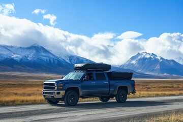 Truck with a rooftop cargo box for a family road trip