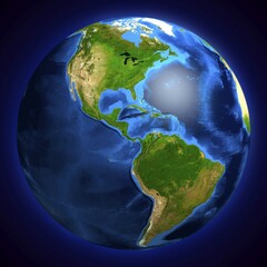 View of the Earth globe from space showing South and North America. Isolated on dark blue background
