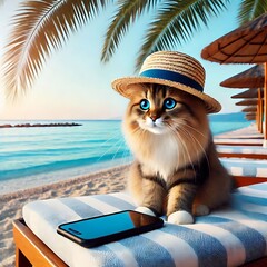 Cat Business Scene at Tropical Beach with Laptop and Refreshments.Generative AI