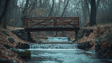 Obraz premium Misty Autumn Bridge: A rustic wooden bridge arches gracefully over a cascading stream in a misty autumn forest, creating a serene and contemplative atmosphere. 