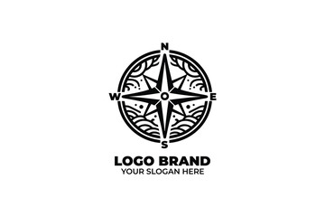 Monochrome logo of Compass Rose with Waves