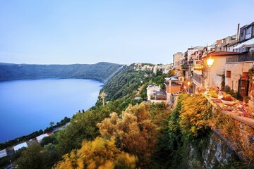 Albano Lake shore and city of Castel Gandolfo, Lazio, Italy, Europe