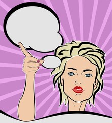 Comic portrait of a woman with speech bubble, Pop art style with a pink background
