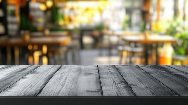 Empty dark grey tabletop on blurred background of summer cafe on sunny day