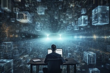 Symbolic image, a programmer sinks deep into the digital world of artificial intelligence, fantasy, AI generated while working on a PC computer