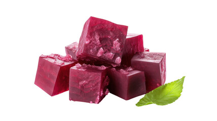 Bright purple jelly cubes garnished with fresh mint leaves on white background
