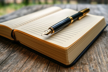 Close-up of an open notebook with pen, showing paper grain and pen textures, top-view on white background.