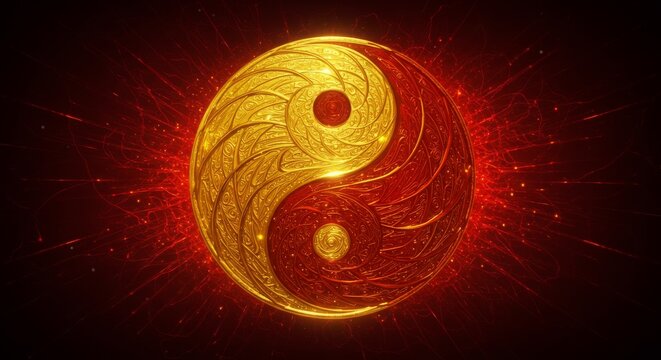 Yin Yang Symbol with Red and Gold Tones - Symbolizing Equilibrium and Wealth