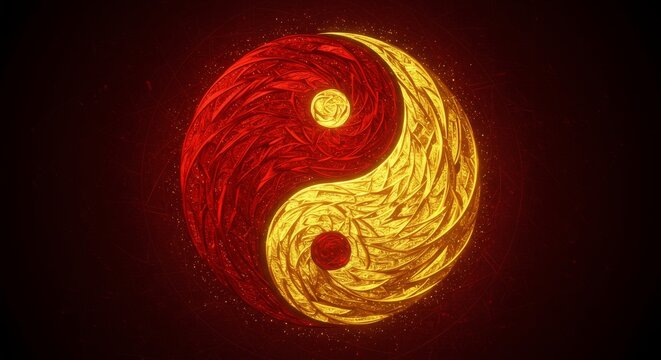 Yin Yang Symbol with Red and Gold Tones - A Harmony of Balance and Prosperity