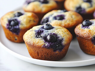 Golden, moist blueberry muffins on a white ceramic plate with a clean marble background.