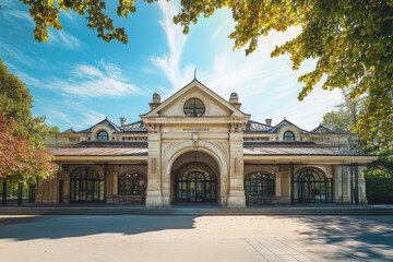 Historic train station with a grand entrance, representing classic architecture