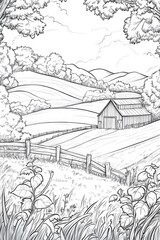 Fototapeta premium Charming Countryside Landscape Drawing . Children coloring page