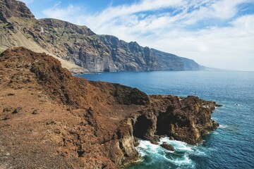 Rocky coast with turquoise sea, Acantilado de los Gigantes, cliffs of Los Gigantes, view from Punta de Teno, Tenerife, Canary Islands, Spain, Europe