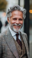 A charming elderly man with silver hair and a well-groomed beard beams with a joyful smile