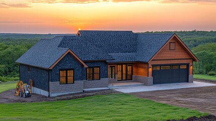 Modern farmhouse at sunset on a hilltop.