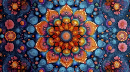 A vibrant and intricate colorful mandala with symmetrical patterns in blue, orange, and pink, AI generated