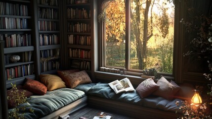 reading nook by a large window, filled with cushions, bookshelves, and the soft glow of natural light